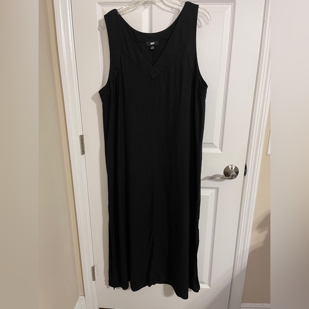 DKNY Sleeveless V Neck Black Linen Maxi Dress XL - Picture 2 of 7